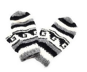 Hand Knit Wool Mittens Fleece Lined Made in Nepal Grey Black + White - Picture 1 of 4