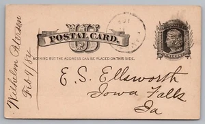 Postal Card Wilhelm Peterson to E S Ellsworth Iowa Falls Posted 1884 - Picture 1 of 2