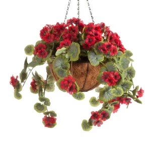 Large Artificial Carefree Red Geranium Plant Indoor/Outdoor Hanging Basket - Picture 1 of 1