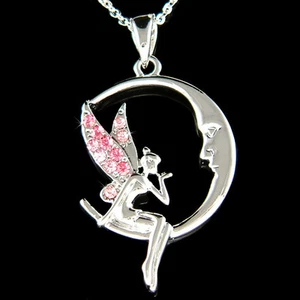 Pink Tinkerbell made with Swarovski Crystal Tinker ANGEL Wing MOON Face Necklace - Picture 1 of 1