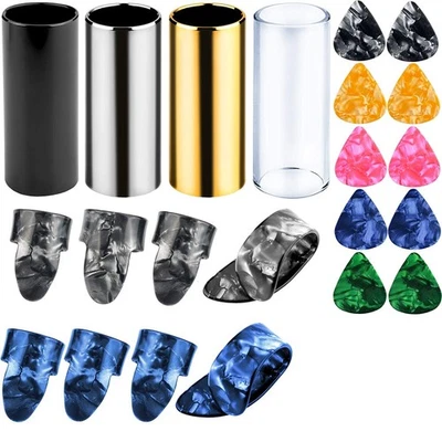 Guitar Slides Set: 4 Medium Stainless Steel & Glass Slides + 8 Picks Accessories - Image 1 of 4
