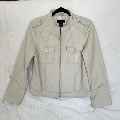 Chaqueta Moto Attention Cuero Genuino Crema Cremallera Completa Bolsillo Mujer Talla 12 Y114E Foto 1 de 4