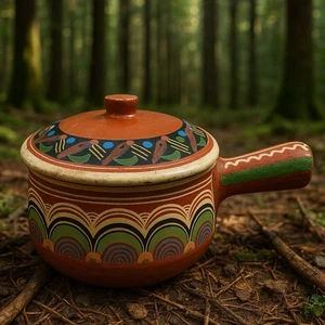 VTG 1960's Mexican Redware Bean Pot W/Handle Casserole Tlaquepaque Hand Painted - Picture 1 of 15