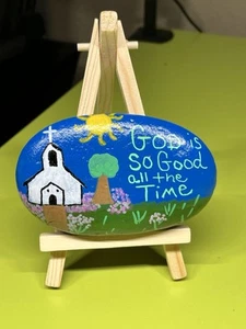 Hand Painted River Stone Rock Religious Art Home Office Patio Decor w/Easel - Picture 1 of 4