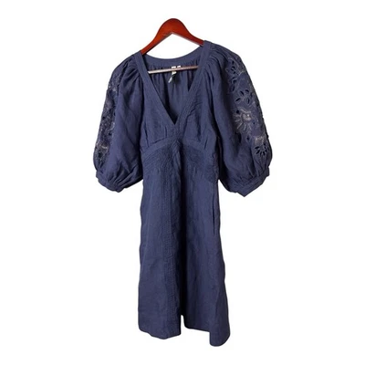 Scarlett Poppies Samantha embroidery Puffed Sleeve Linen Mini Dress blue XS - Image 1 of 4