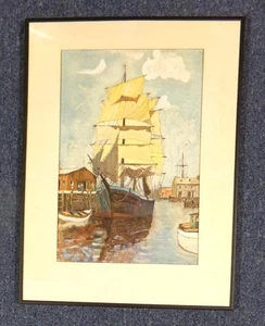 A.P. original 1959 Van Loghem acuarela barco alto puerto escena frente al mar - Imagen 1 de 7
