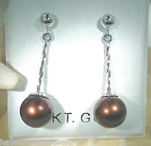 8.1mm 14k White Gold Cultured Freshwater Chocolate Pearl Twisted Bar Earrings - Picture 1 of 1