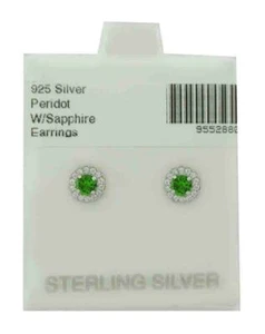 LAB CREATED PERIDOT & WHITE SAPPHIRES STUD EARRINGS .925 Silver - Screw Backs - Picture 1 of 3