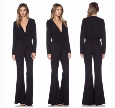 STONE COLD FOX Jumpsuit size Small 1 ‘Stardust’ TIE FRONT PLUNGE Flare Leg Black - Image 1 of 4