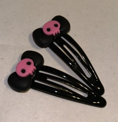 Skull Bow Hair Clip Set Of 2 Ponytail Bangs Hairpins Black & Pink - Image 1 of 4