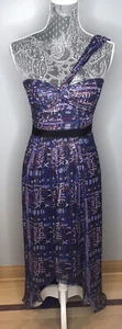 BCBG Maxazria Dress Hi-Low, One Shoulder Strap Size 2 Blue “Inga” Navy Tribal - Picture 1 of 5