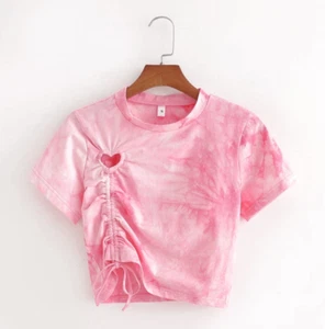 Pink Tie Dye Crop Top Kawaii Harajuku Streetwear Tee Heart Cut Out String TShirt - Bild 1 von 6