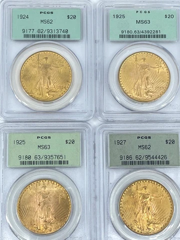 4 Rare PCGS $20 Gold Eagles All OGH 1924, (2) 1925, 1927 Cover