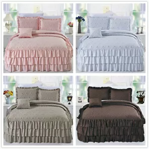 Serenta 4 Piece Matte Satin Ruffle Quilted Bedspread Set 24" Drop Ruffled Style - Picture 1 of 43