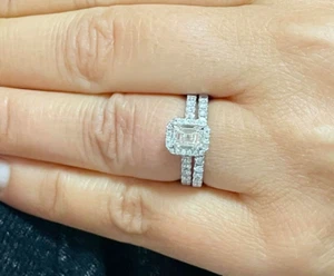 Emerald Cut Moissanite Engagement Ring And Band Halo 14k Solid White Gold 2.00ct - Picture 1 of 12