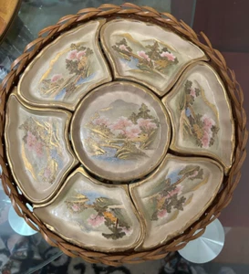 Vintage Export Japanese Satsuma 7 Pieces Sweet Meat Set in Woven Wooden Basket - Picture 1 of 12
