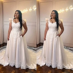Wedding Dresses with Cape Square Neck Cap sleeves Lace Appliques Bridal Gowns - Picture 1 of 9
