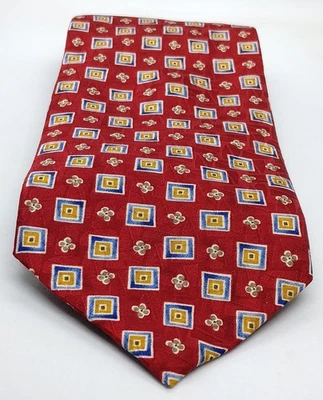 Jos. Corbata de seda A Bank. Corbata roja de diseñador para hombre. Formas azules amarillas y blancas de EE. UU. Foto 1 de 4