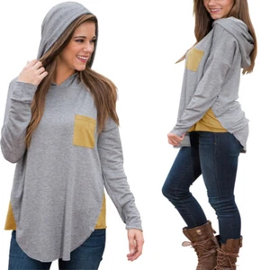 Womens Color Block Hoodie Sweatshirts Tunic Pullover Tops Long Sleeve Shirts US - Picture 1 of 16