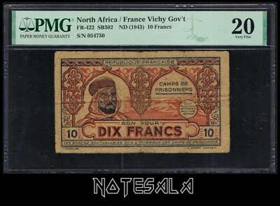 ALGERIA 10 FRANCS ND (1943) FR-422 K.395 CAMPS PRISONNIERS WWII PMG 20 VF SCARCE - Image 1 of 2