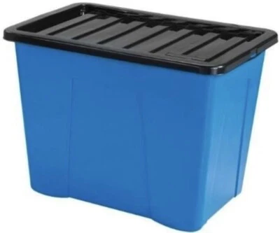 Plastic Storage Box 80L Blue 40cm W 60cm L 42cm H Black Lid Pack 2 - Image 1 of 4