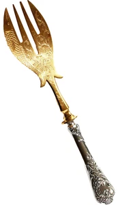 Große Fischvorlegegabel Fischheber Griff 800 Silber Laffe vergoldet um 1890 - Bild 1 von 2