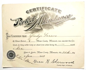 1909 Papel Certificado de Asistencia Perfecta Premio Cortacésped Condado Minnesota - Imagen 1 de 3