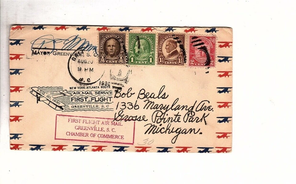 USA First Flight Airmail cover 1930 Greenville SC  To Michigan (bod - Image 1 of 1