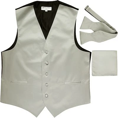 New Men's Solid Tuxedo Vest Waistcoat & Free Style Self-tie Bowtie Set Silver - Image 1 of 4