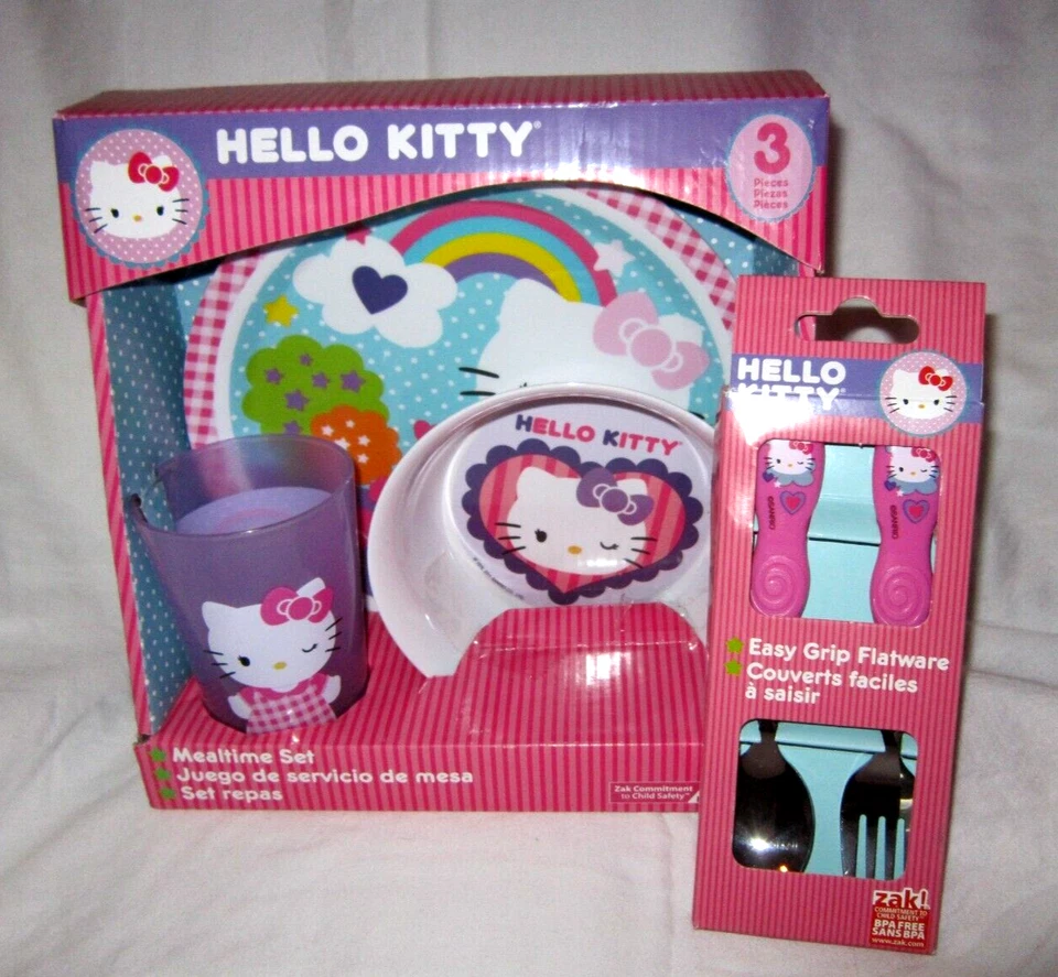 Hello Kitty Cat Mealtime Dinnerware Plate,Bowl&Cup&Flatware Spoon&Folk-Brand New - Image 1 of 2