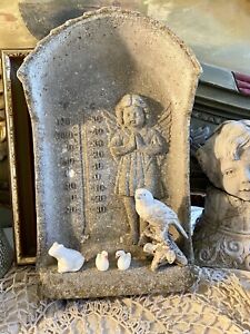 Vtg Antique Cement Cherub Angel Statue GARDEN Temperature Gauge Wall Plaque FAB!