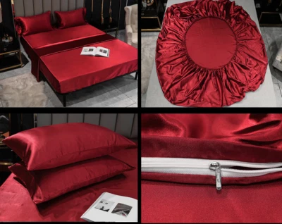 Sábanas planas ajustables juegos de ropa de cama falda de cama seda satinado fundas Foto 1 de 4