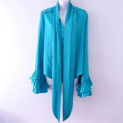 NWT Ramy Brook Women's Blue Ruffle Long Sleeve Sash Blouse Top Sz S NWT 398 - Image 1 of 4