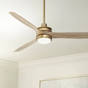 52" Windspun Soft Brass and Natural Wood LED Ceiling Fan with Remote - Picture 1 of 7