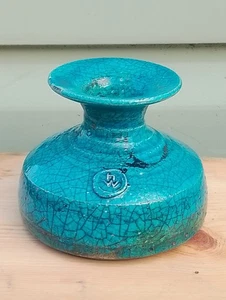 Vintage Hugh West signierte Studiokeramik Raku Vase türkis Glasur ~ 8 cm hoch - Bild 1 von 7