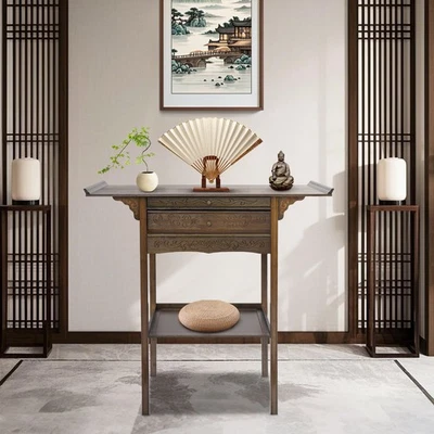 Mesa de Altar de 2 Niveles con Cajones de Almacenamiento, Mesa de Meditación Retro Bambú 100cm Foto 1 de 4
