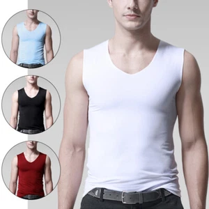 Mens Ice Silk Vest Sleeveless Tank Top Undershirts Seamless T-Shirt Tee Top - Picture 1 of 18