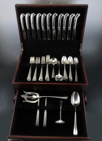65pc Dominick Haff Sterling Silver Rattail Antique Flatware Set Queen Anne Style Cover
