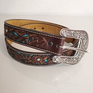 Ariat Womens Ariat Brown & Turquoise with Floral Overlay Western Belt Size 28