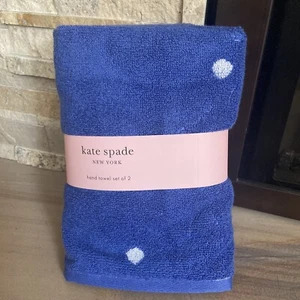 Kate Spade New York Blue And White Polka Dot Cotton Hand Towels Set Of 2 NWT - Picture 1 of 2