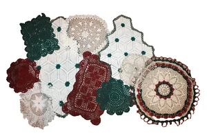 Vintage Christmas Crocheted Doilies Burgundy White Ivory Sand Green LOT of 10 - Picture 1 of 2