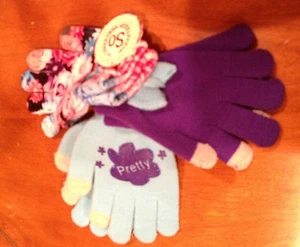 NWT  3 PR GIRL'S KNIT GLOVES, FLOWERS, PURPLE WITH BOW, BLUE ~ SZ. 4-6 - Picture 1 of 6