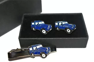 Blue 4x4 Cufflinks & Tie Clip Set GIFT Box Enamel Wedding Land Rover shape Mens - Picture 1 of 3