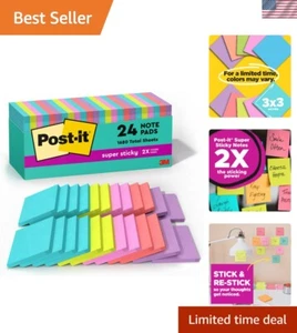 Super Sticky Notes Paper 3x3in, 24 Pads, Reusable Wall Reminders, Bright Colors - Picture 1 of 17