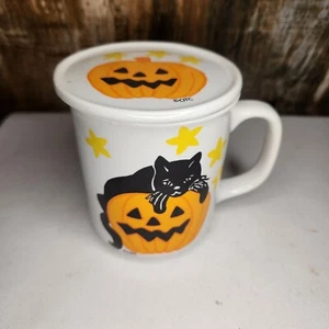 Vintage OTC Halloween Cat Pumpkin Jack O Lantern Stars Coffee Mug Cup W Topper - Picture 1 of 9