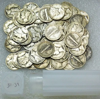 1934-1939 MERCURY Dime Roll of 50 coins in tube #V190 - Image 1 of 2