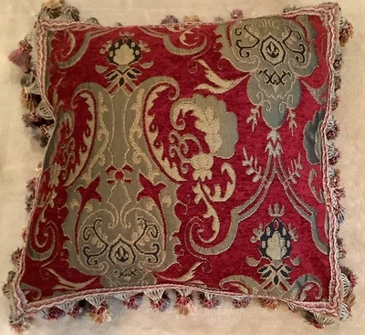 Damask Jacquard China Art Burgundy & Gold Decorative Throw Pillow W/fringe 22”sq - Image 1 of 4