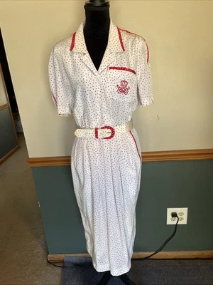 Vintage Leslie Fay Midi Dress Women's 12 Red/White Polka Dots Pockets W/ Belt - Image 1 of 4