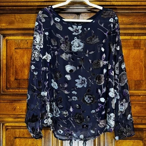 Dalia Blouse Womens PLUS 1X Floral Velvet Burnout Bell Sleeve Top Sheer Boho NWT - Picture 1 of 11