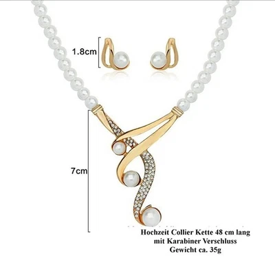 Damen Hochzeit-Ketten Set, Weiß & Gold Collier-Kette 48 cm+ Ohrstecker 1 Set Neu - Bild 1 von 3